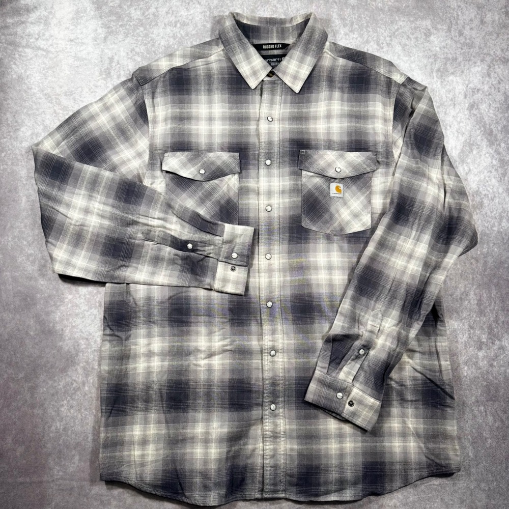 Carhartt Rugged Flex Pearl Snap Flannel Shirt Mens XL Tall Grey Relaxed Fit - Picture 2 of 8